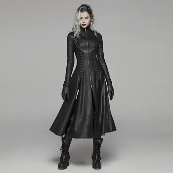 Женское длинное пальто в стиле панк-рейв, темно-панк, длинное пальто в стиле ретро на молнии спереди, воротник-стойка, Женское длинное пальто в стиле панк-рок