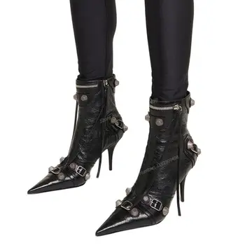 Ботильоны из черной матовой кожи с пряжкой и декором, Женская обувь с острым носком, туфли на тонком каблуке, 2023 Zapatos Para Mujere