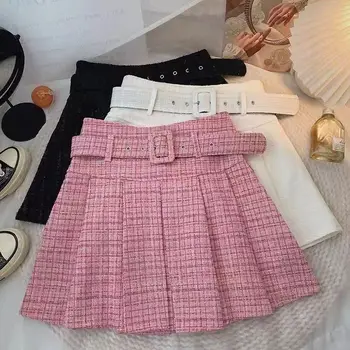Розовые плиссированные юбки для девочек, Твидовые хлопковые юбки, Детская Повседневная осенняя одежда, Белые юбки Трапециевидной формы в корейском стиле, школьные юбки
