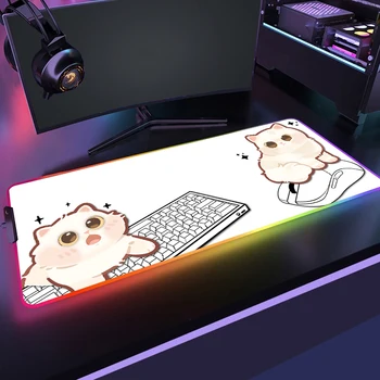 Персонализированный RGB коврик для мыши Kawaii Cat, светодиодный резиновый игровой коврик для мыши с подсветкой и HD-принтом, милый коврик для мыши для геймеров, Расширяющий игровой ковер