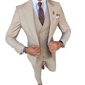 Мужской костюм из 3 предметов, двубортный деловой костюм, свадебные костюмы с отворотами, Смокинги для женихов (Блейзер + жилет + брюки)