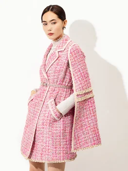 Модная Розовая Накидка, Подиумное Твидовое пальто, Офисное Женское Винтажное Пальто Миди с рукавами 