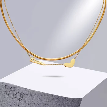 Vnox, Шикарные ожерелья-чокеры с подвеской в виде сердца для женщин, золотой цвет, двойная цепочка из нержавеющей стали, ошейник для ключиц, подарочные украшения