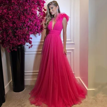Новое розово-красное тюлевое длинное платье для выпускного вечера, сексуальные вечерние платья в складку с V-образным вырезом, трапециевидное платье с открытой спиной, женское свадебное платье в Саудовской Аравии