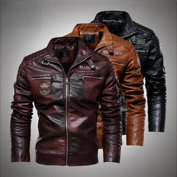 Мужская куртка из искусственной кожи, зимние флисовые теплые куртки из искусственной кожи, мужская повседневная мотоциклетная ветровка со стоячим воротником, военное мужское пальто