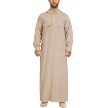 2023 Простая Длинная Мужская Рубашка с капюшоном в Арабском Стиле с Карманом, Мусульманский Халат, Мужская исламская одежда