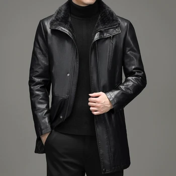 Мужская кожаная куртка Haining Leather, осенне-зимняя кожаная ветровка средней длины, теплое меховое цельное пальто