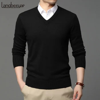 2023 i Качественный Новый Модный бренд, Шерстяной вязаный пуловер, свитер с V-образным вырезом, черный Для мужчин, осенне-зимний повседневный джемпер, мужская одежда