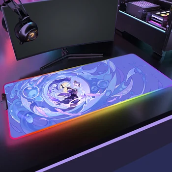 Коврик для компьютерной игровой мыши с подсветкой HD-печати, светодиодный игровой коврик для мыши RGB Genshin, Ударопрочный Большой Коврик для мыши, Игровой Офисный ковер