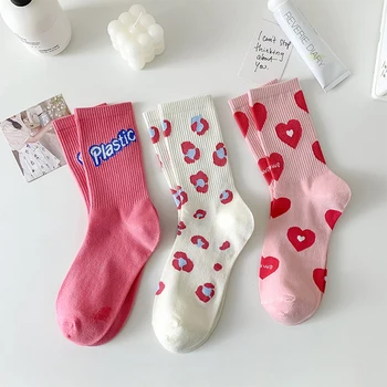 Новые носки для девочек с сердечной клубникой, сладкой любовью, женские носки-трубочки, милые хлопковые повседневные носки с фруктами розового цвета