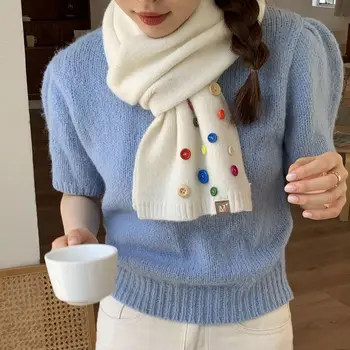 однотонный вязаный шарф с карамельными пуговицами, защищающий шею от тепла и холода, узкая версия шерстяного шарфа для женщин зимой