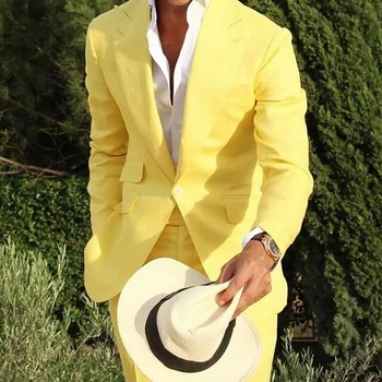 Мужской костюм из желтого льна, Пляжный, приталенный, 2 предмета, Свадебный Смокинг жениха с заостренным лацканом, мужской модный костюм, Блейзер с брюками