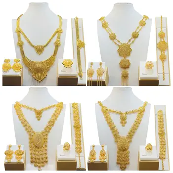 Набор золотых ожерелий из Дубая 24K для женщин, роскошные индийские ювелирные изделия, африканская вечеринка, золотая арабская свадьба, искусственное бразильское ожерелье