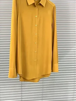Весна-лето 2023, Новая Женская 100% Шелковая Желтая Рубашка с длинными рукавами, Универсальная Новая Женская Однобортная Блузка с отложным воротником