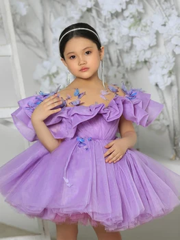 Фиолетовое тюлевое платье для девочек, пышные платья с цветочным узором для девочек, милое платье для маленьких девочек, платье Принцессы для Вечеринки в честь Дня рождения