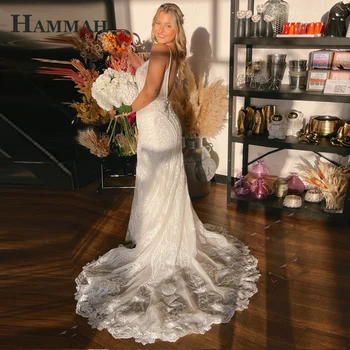 Классические Свадебные платья HAMMAH для невесты с V-образным вырезом, без рукавов, Кружевные аппликации, шлейф на пуговицах, с открытой спиной, Персонализированные
