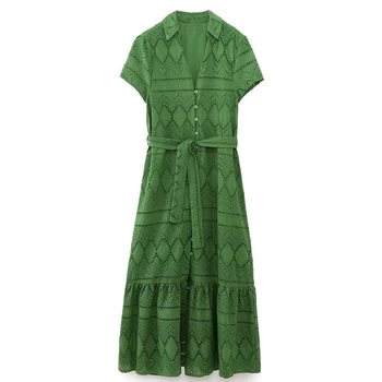 Однобортное Зеленое платье миди с поясом и вышивкой Jenny & Dave, Богемное Винтажное летнее платье с геометрическим рисунком, Женское