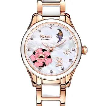 Швейцария NESUN Люксовый бренд, Автоматические механические женские часы, Водонепроницаемая Фаза Луны, Бриллиантовые Светящиеся часы со скелетом N9073