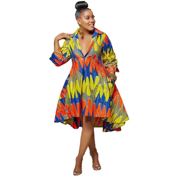 2022 Летние Сексуальные африканские женщины с V-образным вырезом, рукавом три четверти, платье длиной до колен с принтом, Африканские платья с принтом, африканская одежда