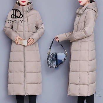 Зимние куртки для женщин, Длинное прямое зимнее пальто, женские повседневные куртки, Тонкая парка с капюшоном, модная теплая верхняя одежда больших размеров