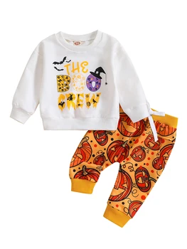 Комплект костюмов милого маленького монстра на Хэллоуин для маленьких мальчиков, толстовка с капюшоном и штаны с жутким принтом, осенняя одежда из 2 предметов