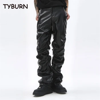 TYBURN Four Seasons Черные Блестящие Плиссированные Кожаные брюки из искусственной кожи в стиле панк, мужские повседневные брюки в стиле хип-хоп