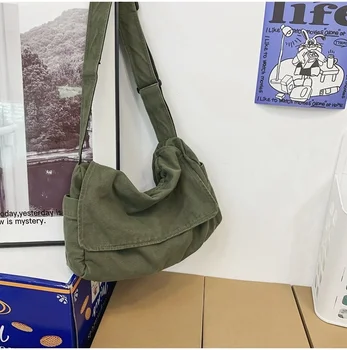 Женская Холщовая тканевая сумка-Хобо, мягкая Наплечная сумка с напуском, Y2K, для студенческого отдыха, Среднего размера, школьная книга, сумка для ноутбука, боковая сумка-мессенджер
