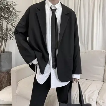 Весенние модные повседневные мужские костюмы в корейском стиле в стиле ретро, шикарные топы в стиле Харадзюку, с одной пуговицей, свободными карманами, универсальный Мужской Блейзер Slim Fit