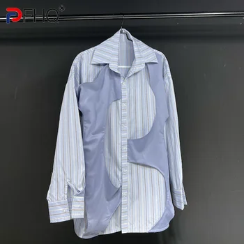 PFHQ 2023, Модная элегантная мужская рубашка высокого качества в полоску с длинными рукавами, дышащие модные повседневные топы с контрастным сращиванием цветов, новинка