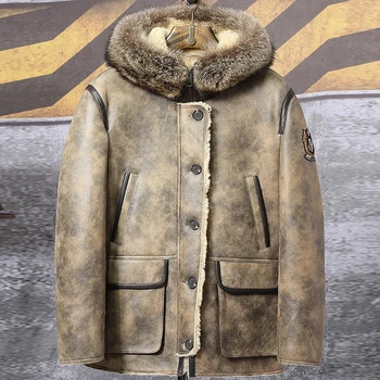2019 Новая мужская куртка из овчины с воротником из меха енота, Короткая Кожаная куртка с капюшоном, Мужское зимнее меховое пальто