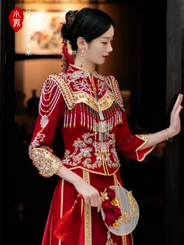 Восточный Свадебный костюм, праздничное платье, Винтажный Велюр, Чонсам, Свадебное платье Невесты в китайском стиле, блестки, бисероплетение, кисточки
