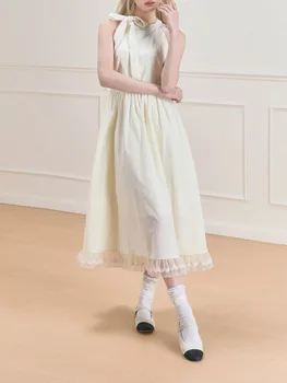 Модное женское платье без рукавов, уличная одежда во французском стиле, платье миди с милым бантом и кружевным вырезом, Новинка 2023 года, весенне-летнее платье