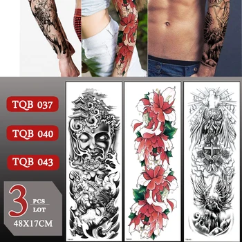 3 шт./лот, водонепроницаемая временная татуировка на всю руку, большой рукав, поддельные татуировки для мужчин и женщин, красочная наклейка с цветочным рисунком на руку