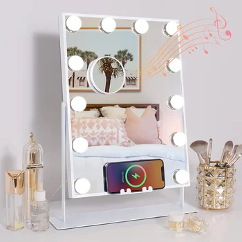 Белое туалетное зеркало FENCHILIN с подсветкой, Беспроводное зарядное устройство, Bluetooth-динамик, Голливудское зеркало для макияжа с 12 регулируемыми лампочками