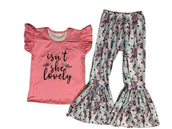 Оптовая Продажа, Бутик Детской одежды для маленьких девочек, Розовые Комплекты Рубашек с короткими рукавами, Детские Брюки-клеш, Модный наряд