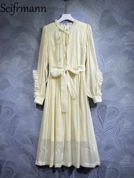 Seifrmann Высококачественное Летнее Женское Модное подиумное однотонное платье с длинным рукавом-фонариком и поясом-бантом, Жаккардовые платья с большими Распашками