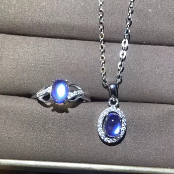 Набор из натурального голубого лунного камня, кристально чистое кольцо-ожерелье, обязательные украшения для женской одежды для вечеринок, серебро 925 пробы
