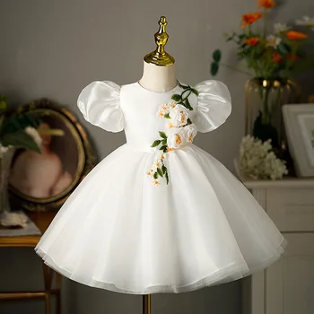 Элегантное Белое Платье с цветочным узором для девочек, Платье на 1-й день Рождения для Малышей 2023, Вечернее Роскошное Бальное Платье для Крещения и 1-го Причастия, Платье 1-14