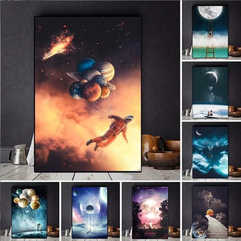 Забавная картина на холсте астронавты запускают воздушные шары в открытый космос настенные панно в гостиной HD для печати плакаты в гостиную