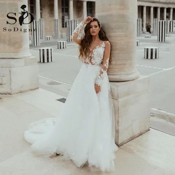Длинные свадебные платья SoDigne Boho 2023, Иллюзионное Тюлевое Свадебное платье Принцессы с 3D Цветочным кружевом, Свадебные платья с длинными рукавами