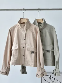 Женская куртка из 100% хлопка с воротником-стойкой, карман, расшитый бисером, Свободный Прямой Длинный рукав на молнии, Женское пальто в стиле Сафари, осень 2023