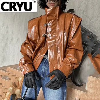 CRYU Модная Куртка из искусственной кожи из двух частей, Красивое Свободное Пальто из Искусственной Кожи с Металлическими Пуговицами 2023, Весенние Однотонные Мужские Топы