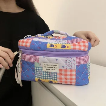 Модные косметические сумки, женская стильная цветочная стеганая сумка-органайзер для туалетных принадлежностей с ручкой, Женская косметичка для путешествий Большой Емкости