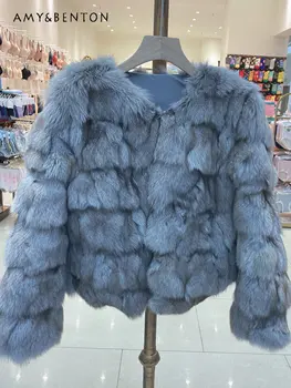 Новая версия импортного пальто из лисьего меха с коротким рукавом, теплая стеганая куртка в западном стиле из натурального меха, модное пальто для похудения