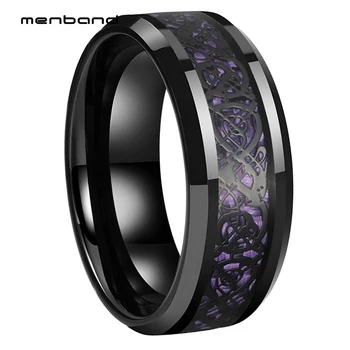 8 мм Черное кольцо для пары, кольцо из карбида вольфрама С фиолетовой инкрустацией из углеродного волокна, Черный/Белый Дракон, Комфортная посадка