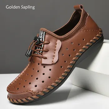 Летние Лоферы Golden Sapling, Мужская Повседневная Обувь, Дышащие Лоферы с полым Дизайном, Удобная Обувь для Мужчин, Кожаная Обувь для Вождения на плоской подошве