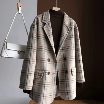 Модное шерстяное двустороннее пальто в клетку в стиле Ретро, Женское осенне-зимнее Новое утолщенное теплое пальто