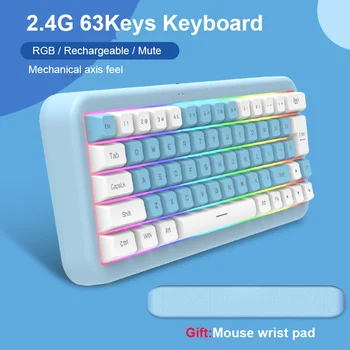 Беспроводная клавиатура 2,4 G, отключение звука, 63 клавиши, USB-мини-компьютерная клавиатура, симпатичная RGB перезаряжаемая механическая клавиатура Axis Feel для портативных ПК