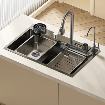 Кухонные принадлежности Цифровая раковина с водопадом, кухонная раковина, таз для мытья посуды из нержавеющей стали, многофункциональный большой резервуар
