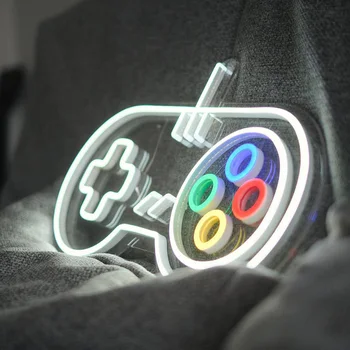 Неоновая вывеска аркадного геймпада, светящаяся эмблема развлечений, яркий баннер геймера Украшение зала аркадных игр